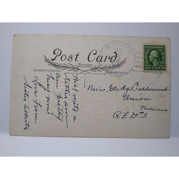 Halloween Postcard Whitney Fantasy Anthropomorphic Pumpkin Face Heads Goblins - Picture 3 of 3